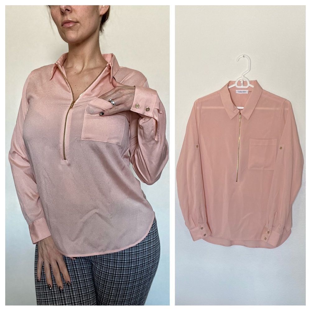 Calvin Klein Blouse Blush Pink Top Gold Zip Medium Office